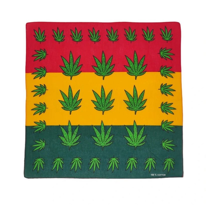 Bandana/ batic patrat din bumbac cu imprimeu cu frunze de marijuana pe fond rosu, galben, verde, 53 cm