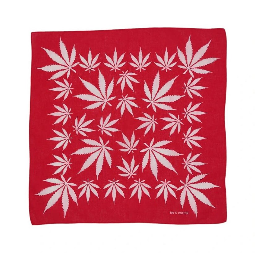 Bandana/ batic patrat din bumbac cu imprimeu cu frunze albe de marijuana pe fond rosu, 53 cm