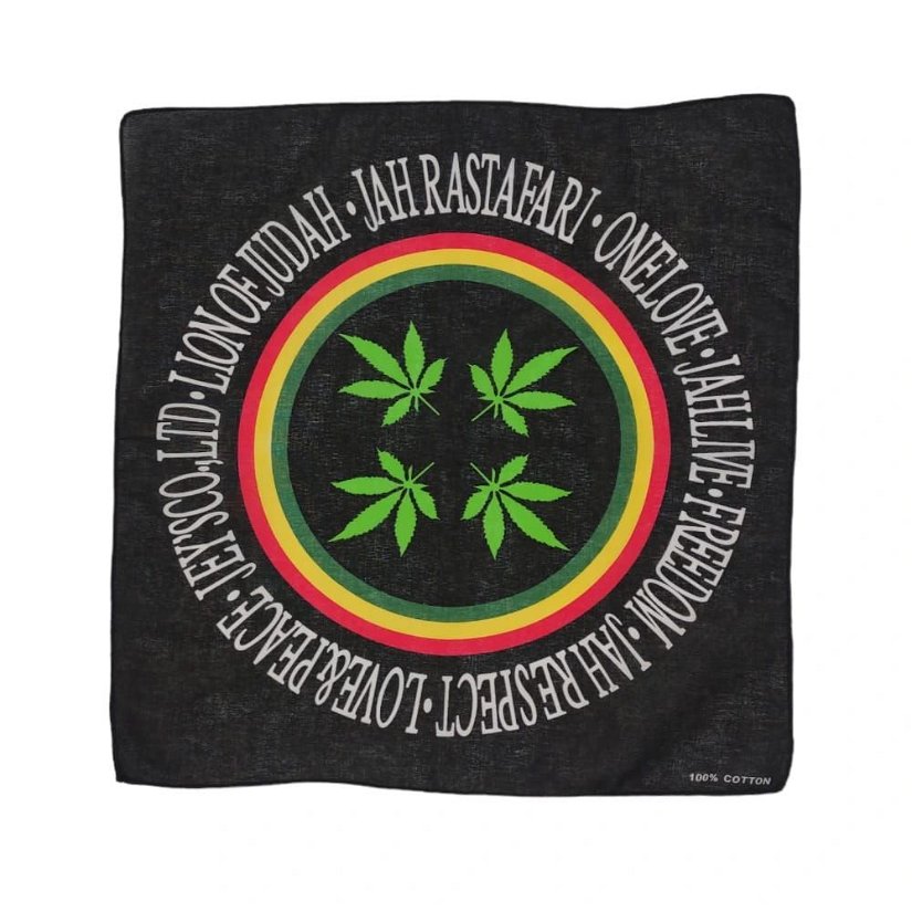 Bandana/ batic patrat din bumbac cu imprimeu cercuri rosu, galben, verde si frunze de marijuana pe fond negru, 53 cm