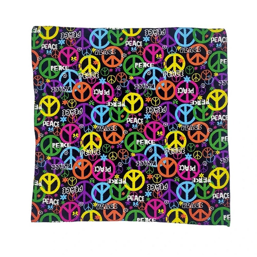 Bandana/ batic patrat din bumbac cu imprimeu multicolor cu simbolul Peace pe fond negru, 53 cm