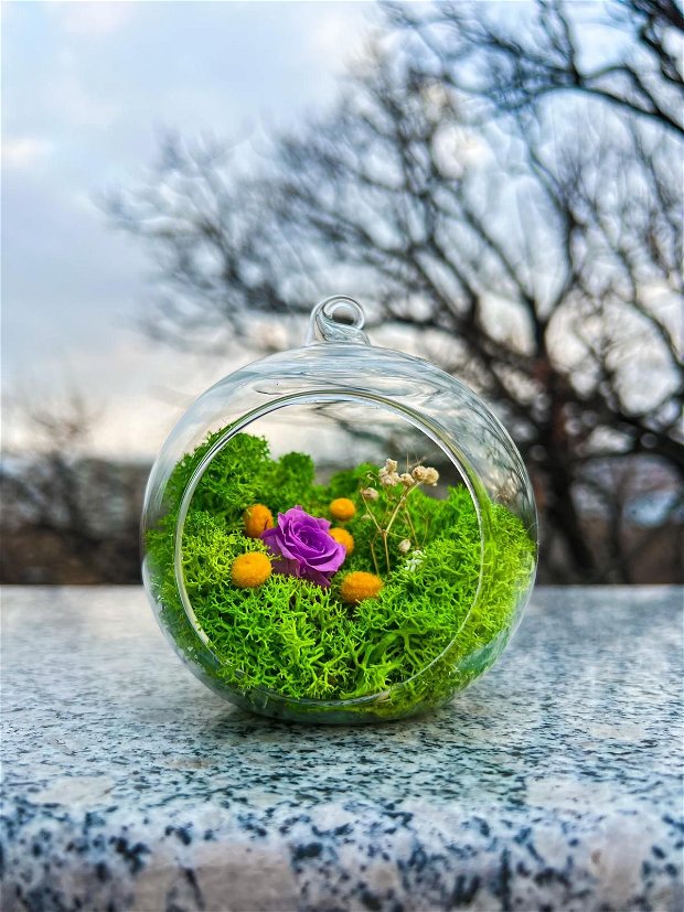 Glob de sticla cu licheni și mini trandafiri