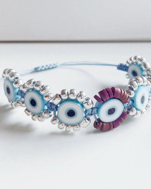 BRATARA EVIL EYE CU MARGELE DIN STICLA PLACATE ARGINTIU