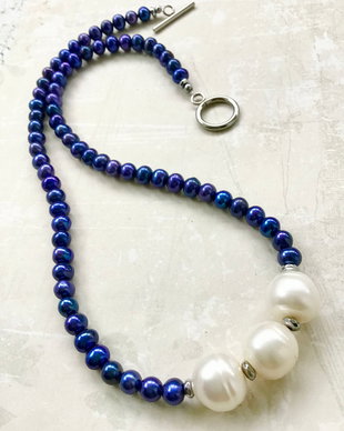Colier CHOKER perle de cultura albastre & perla Baroc