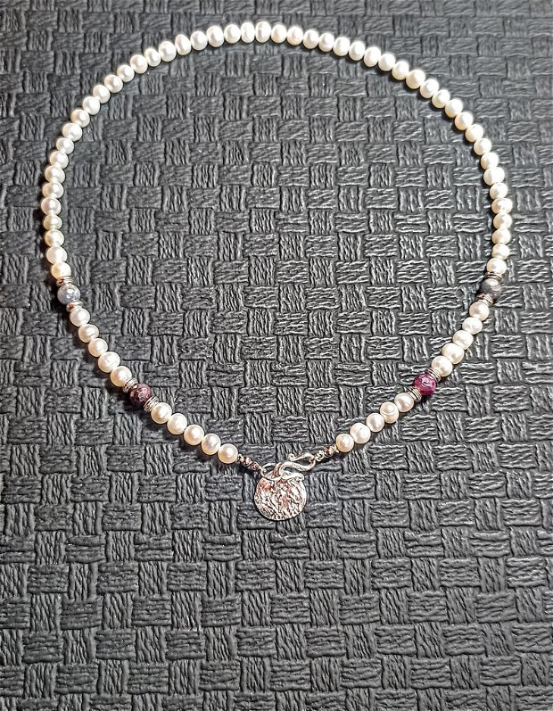 Colier argint perle naturale de cultura safir rubin charm argint inchidere frontala clasic trendy - Transport gratuit