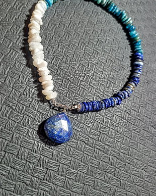 Colier argint lapis lazuli apatit piatra lunii gradient nugget asimetric brioleta inchidere frontala masiv boho chic trendy - Transport gratuit