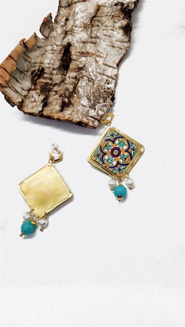 Cercei din inox, alama si ceramica "Stunning Turquoise" cu perle naturale si jad