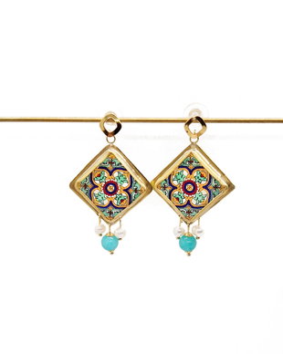 Cercei din inox, alama si ceramica "Stunning Turquoise" cu perle naturale si jad
