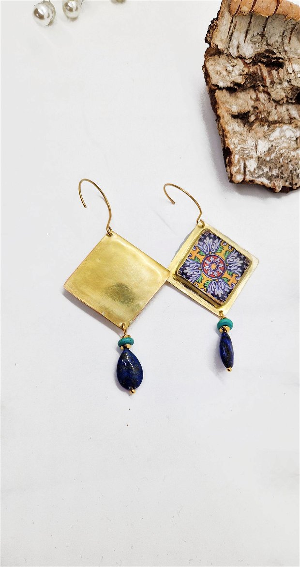Cercei din inox, alama si ceramica "Stunning Lapis Lazuli" cu Lapis Lazuli si turcoaz natural