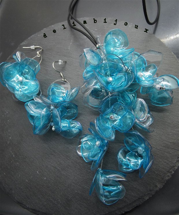 Set bijuterii statement handmade unicat - PET-uri (plastic) reciclate - flori (cod984)