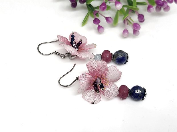 Cercei flori de cires cu lapis lazuli,jad si aquamarin