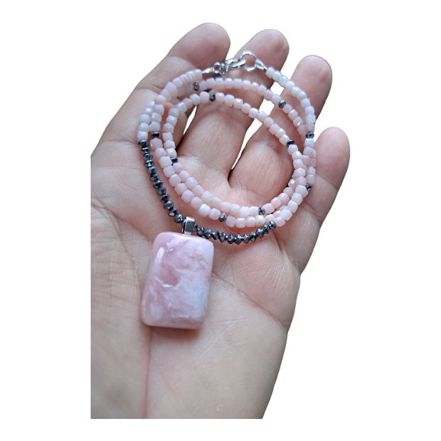 Colier opal roz si terahertz, cu accesorii de argint