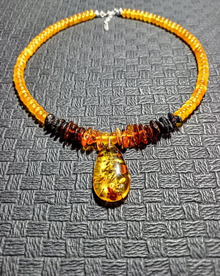 Colier argint chihlimbar ambra nuante gradient jad pandantiv ambra disc nugget boho chic trendy cadou - Transport gratuit