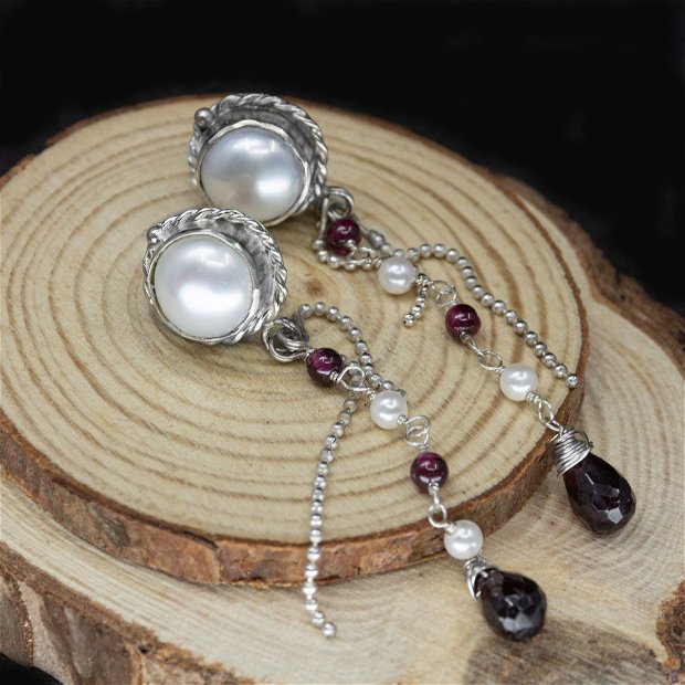 Cercei Argint 925, Perle de cultura si Granat