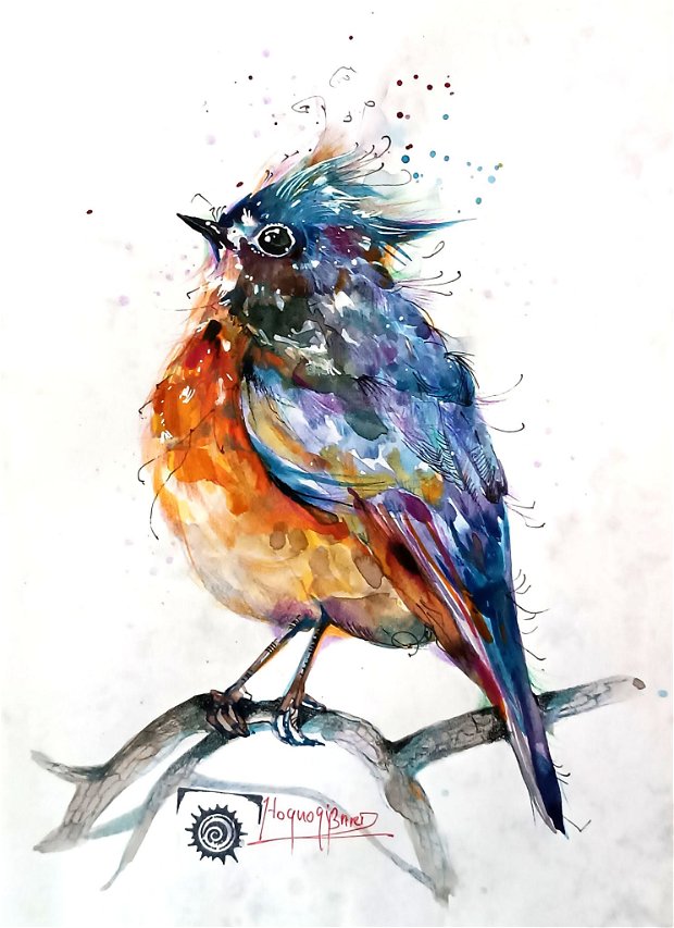 Tablou Sunset BIRD - Pictura Originală în Acuarelă - Birds Collection