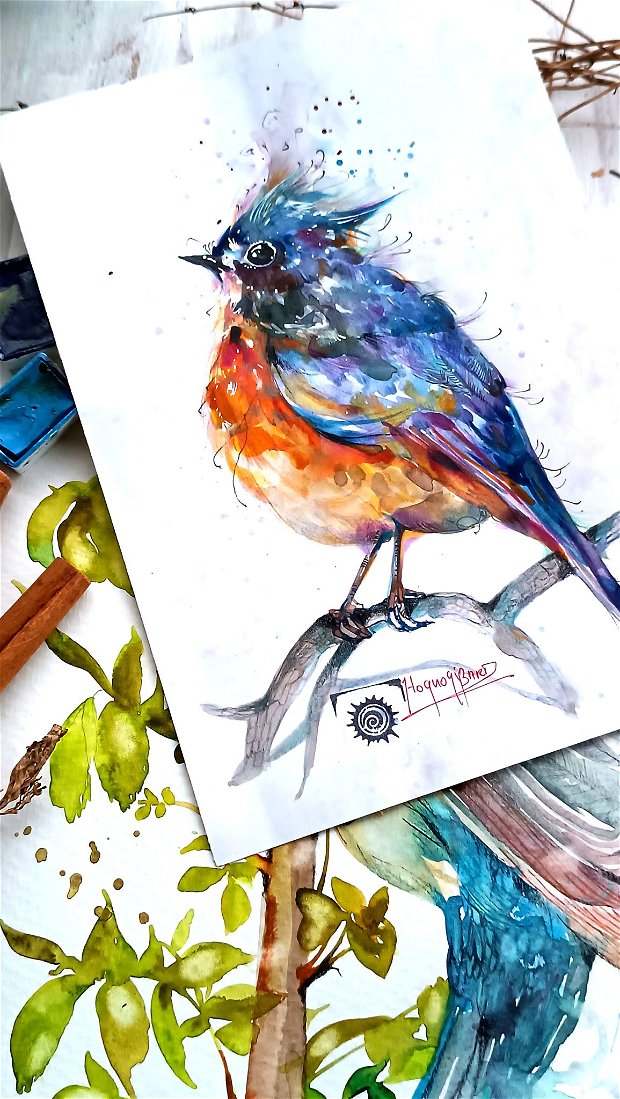 Tablou Sunset BIRD - Pictura Originală în Acuarelă - Birds Collection