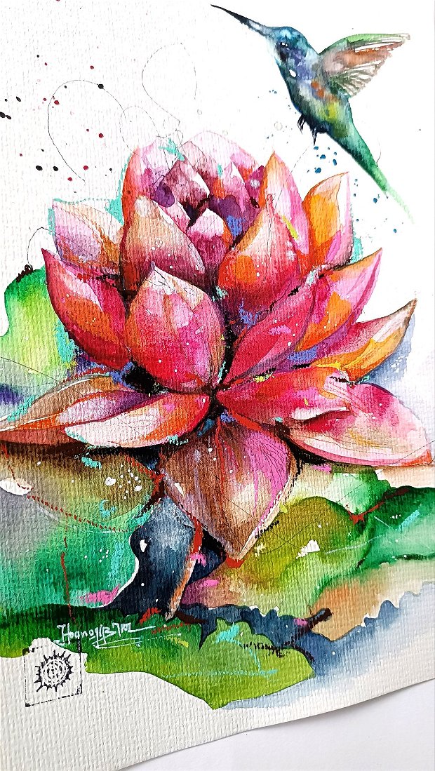 Tablou Lotus Colibri - Nature Spirits. Pictura Originala în Acuarelă
