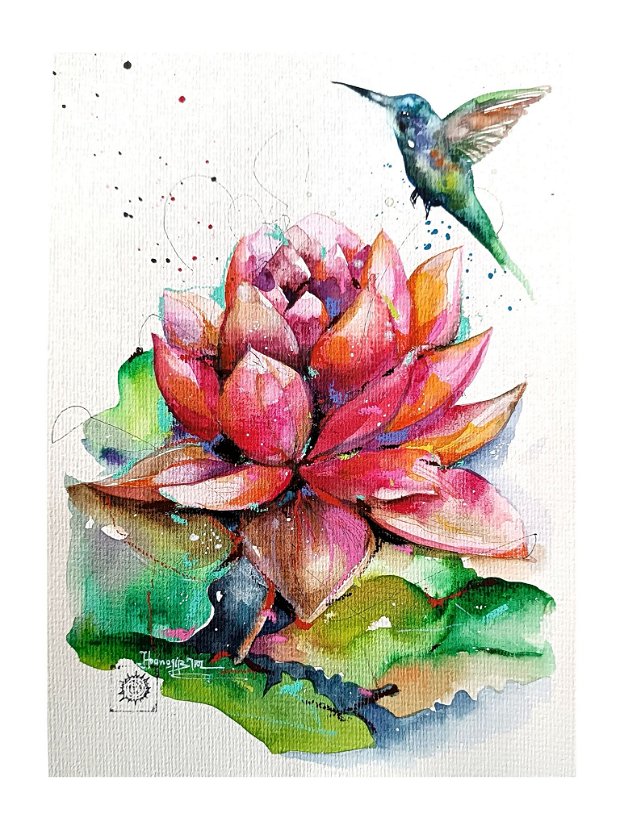 Tablou Lotus Colibri - Nature Spirits. Pictura Originala în Acuarelă