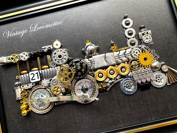 Locomotiva de epoca Cod M 632・Tablou decorativ din piese de ceas・Arta・Tablou steampunk