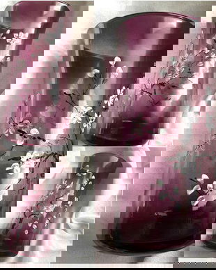 Vaza din sticla pictata manual cu cires inflorit