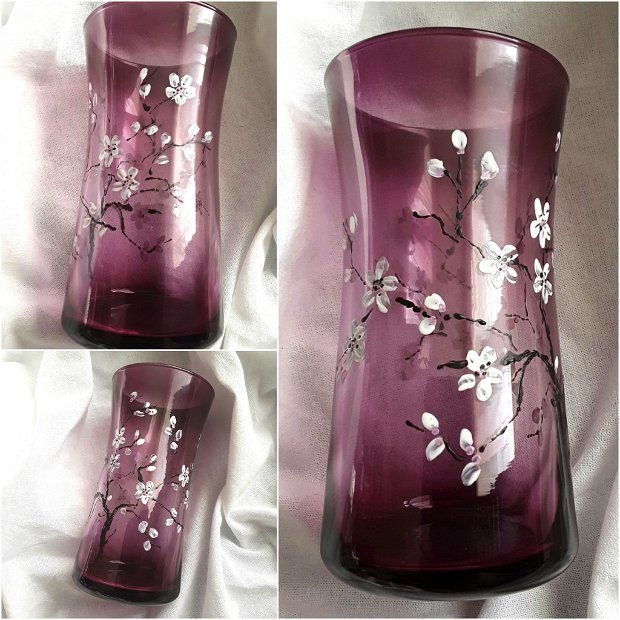Vaza din sticla pictata manual cu cires inflorit