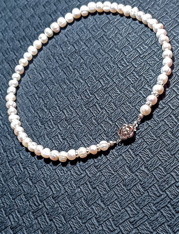 Colier argint perle naturale de cultura oval baroc inchidere frontala floare argint rodiat clasic trendy - Transport gratuit