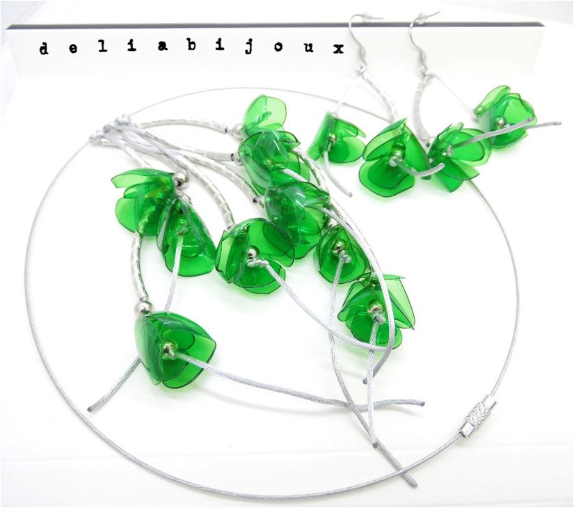 Set bijuterii statement handmade unicat - PET-uri (plastic) reciclate - flori (cod988)