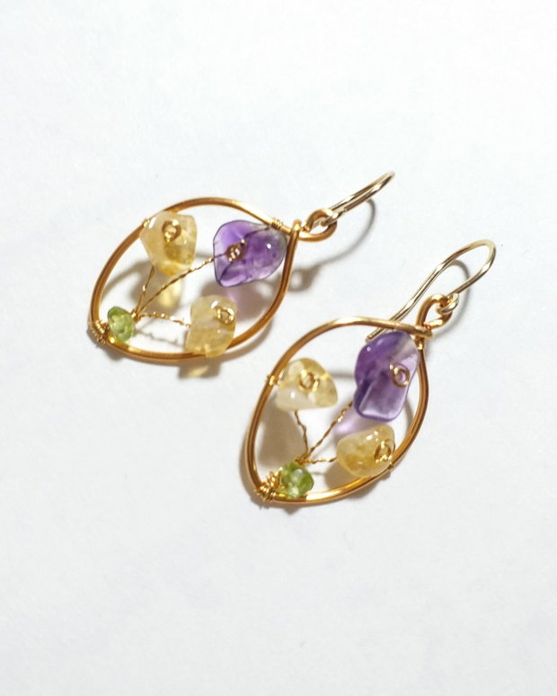 Cercei aur filat, ametist, citrin, peridot "Branduse "
