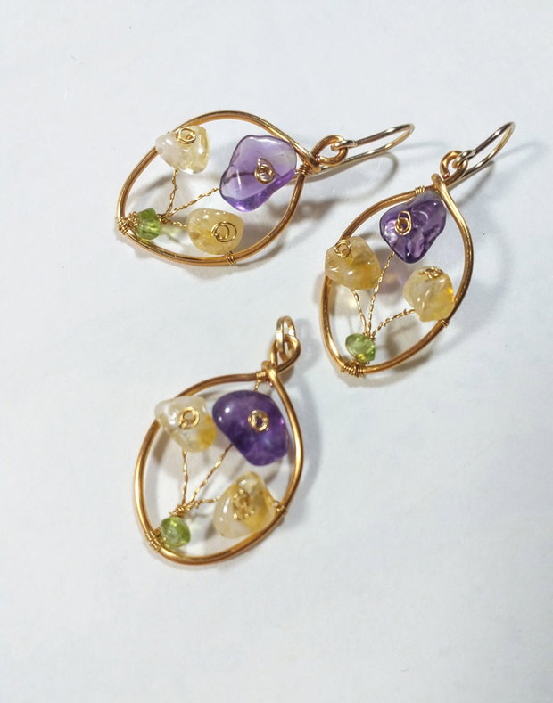 Cercei aur filat, ametist, citrin, peridot "Branduse "