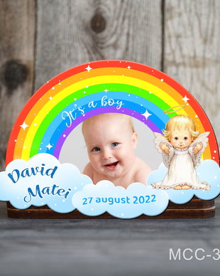 Marturii botez cu poza - Magneti frigider - Curcubeu si ingeras