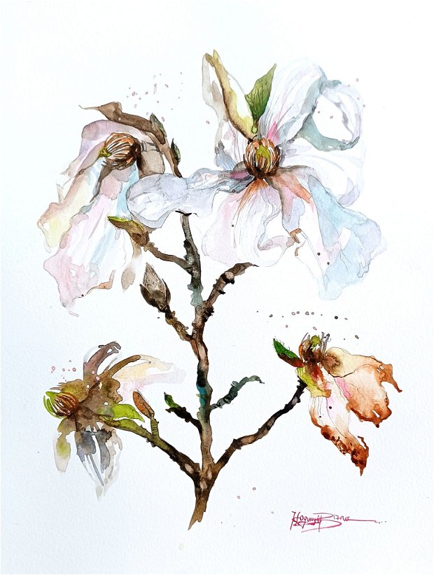 Tablou Magnolia - Pictura Originală în Acuarelă - Nature And Colors Collection