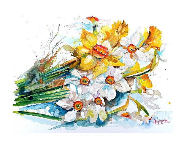 Tablou Narcissus - Pictura Originală în Acuarelă - Nature And Colors Collection