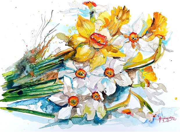 Tablou Narcissus - Pictura Originală în Acuarelă - Nature And Colors Collection