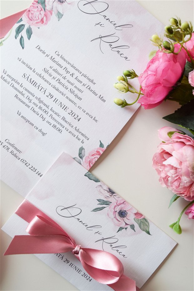 Invitație nuntă pliată -Pink love