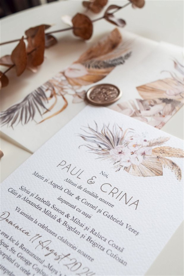 Invitație nuntă Fall in love învelită în hârtie calc decorat și sigiliu din ceară
