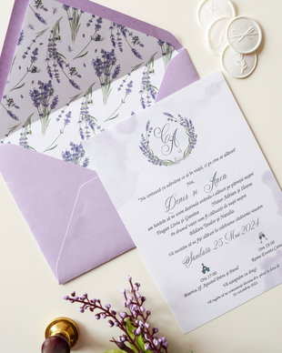 Invitatie nuntă Lavandă cu plic
