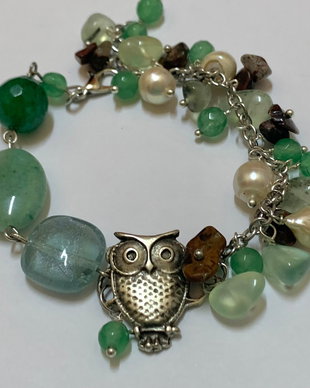 BRĂȚARĂ~GREEN OWL~ agate,prehnit,perle de cultură,jasp,Murano,aventurin,prehnit,jad,zamac,inox