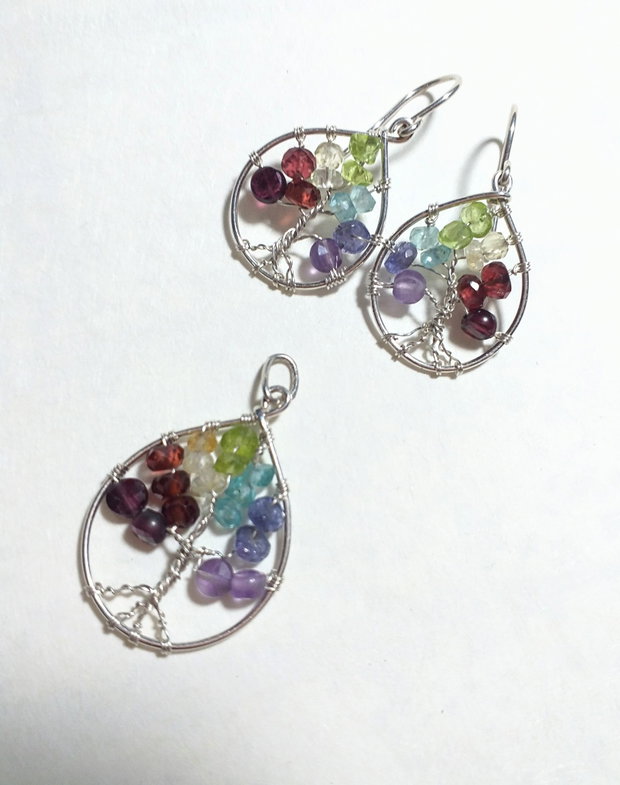 Cercei argint, peridot, granat, ametist...