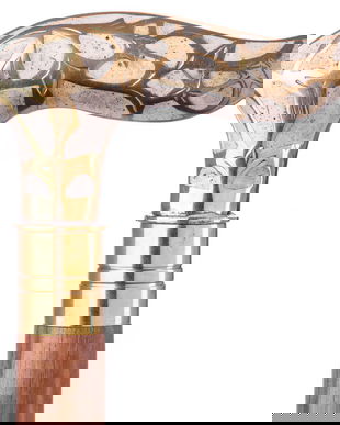 Baston din lemn masiv cu maner alama si email