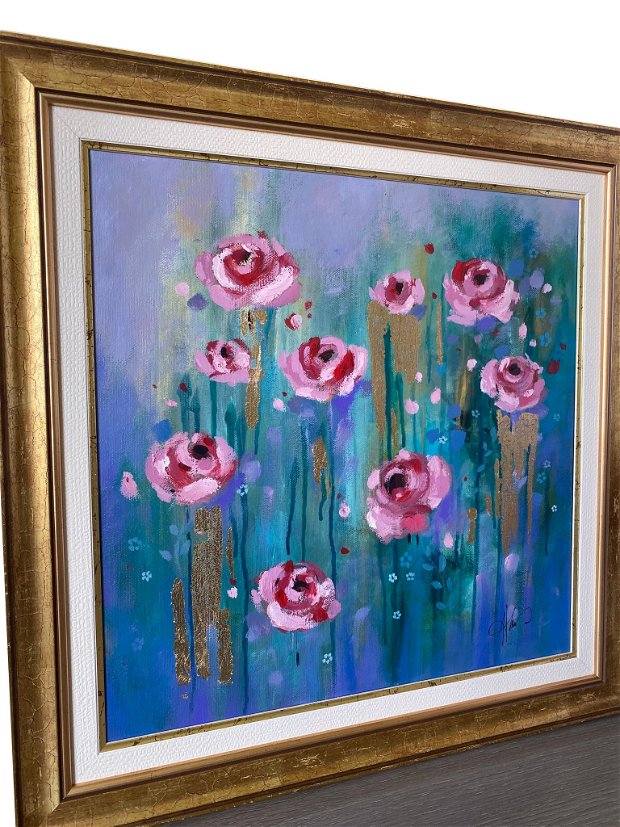 Tablou " Trandafiri cu accente aurii"・Pictura cu trandafiri・Arta cu flori în culori pastelate