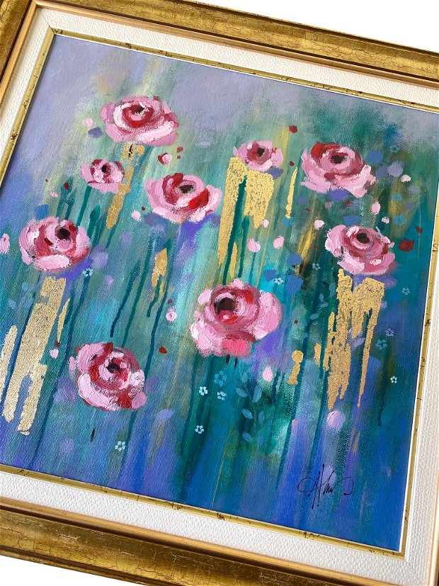 Tablou " Trandafiri cu accente aurii"・Pictura cu trandafiri・Arta cu flori în culori pastelate