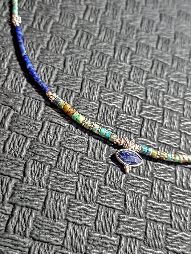 Colier argint lapis lazuli sillimanite turcoaz heishi disc charm minimalist boho chic trendy - Transport grtuit