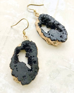 Cercei agate druzy negri & alama aurita