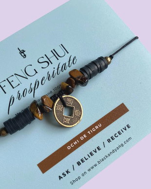 BRATARA MONEDA CHINEZEASCA FENG SHUI CU CRISTALE DE OCHI DE TIGRU - SUCCES SI PROSPERITATE