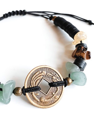 BRATARA FENG SHUI NEAGRA CU MONEDA CHINEZEASCA CU AVENTURIN, CITRIN SI OCHI DE TIGRU - ABUNDENTA SI PROSPERITATE