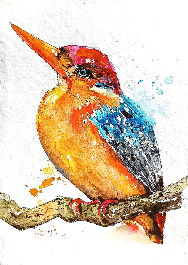 Tablou Kingfisher - Pictura Originală în Acuarelă - Birds Collection