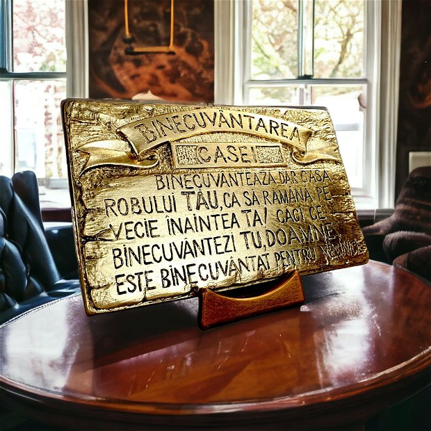 Binecuvantarea Casei-Plachetă din ceramică, cu un aspect vintage și acoperită cu foiță de aur