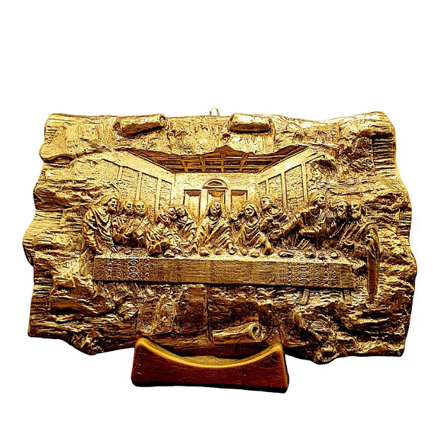 Icoană Cina cea de Taină-Plachetă din ceramică, cu un aspect vintage și acoperită cu foiță de aur