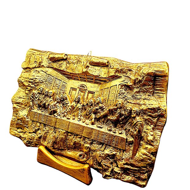 Icoană Cina cea de Taină-Plachetă din ceramică, cu un aspect vintage și acoperită cu foiță de aur