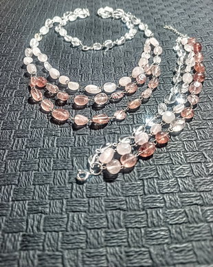 Set argint X3 colier bratara cuart de stanca roz cherry nugget gradient boho chic romantic - Transport gratuit