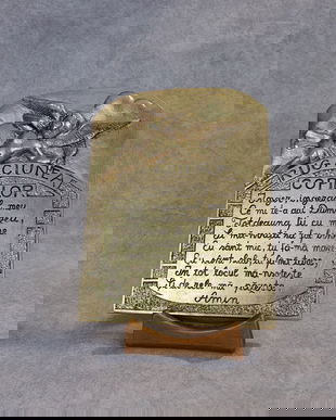 Icoană rugăciunea copiilor-Plachetă din ceramică, cu un aspect vintage și acoperită cu foiță de aur